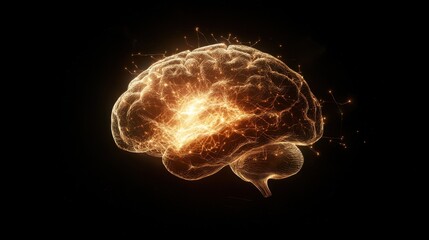 A luminous brain is depicted in this artwork, showcasing intricate patterns of neural activity and connections, set against a deep black backdrop. The design highlights the complexity of the mind.
