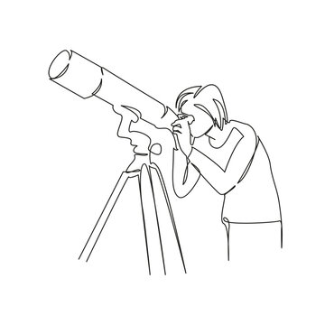 recommend clip art: One continuous single drawing line art flat doodle woman astronomy telescope exploration astronomer science scientist. Isolated image hand draw contour on a white background, hand drawn, not AI