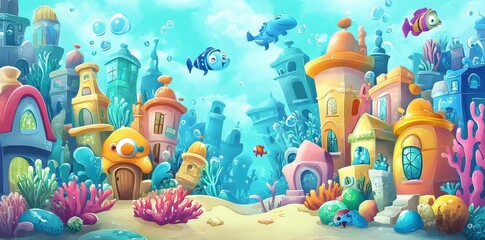 A Whimsical Cartoonish Underwater City With Friendly Fish Swimming