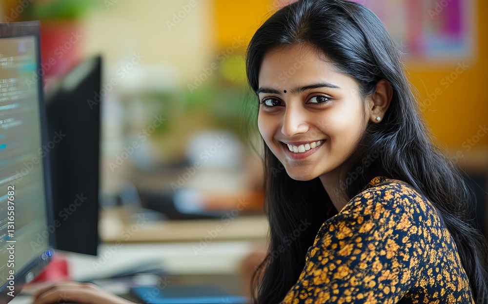 Poster smiling young indian female programmer coding software development happy workplace modern office tec