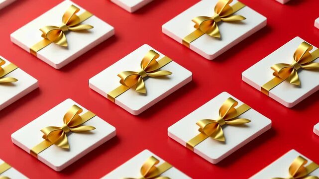 Isometric pattern of gift cards, bonus cards. consumer concept, on a red background. Gifts for Christmas, Valentine's Day