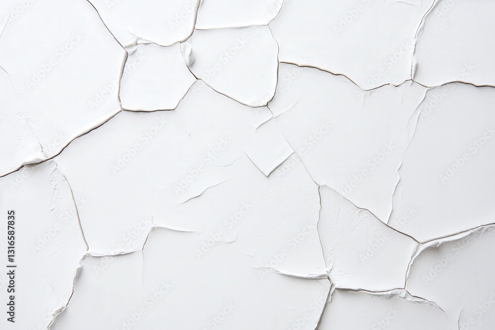 Poster a close-up image of cracked, peeling white paint on a surface, showcasing an abstract texture with v