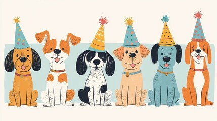 Six friendly and adorable dogs wearing festive birthday party hats