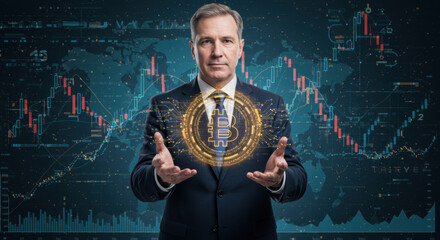 a businessman displaying a digital coin symbol overlaying a currency exchange backdrop neck down view