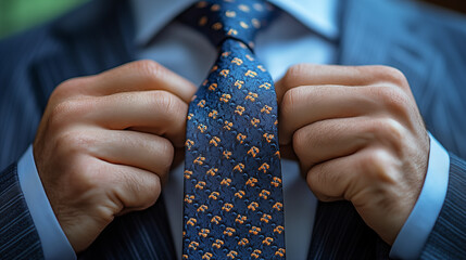 Close up of a businessman adjusting his necktie in a close up view