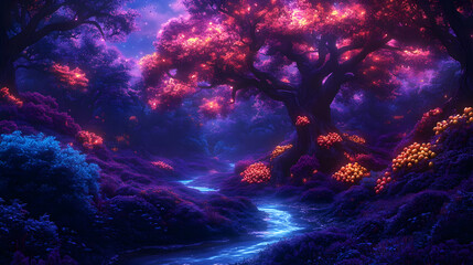 Glowing Pixelated Forest at Night