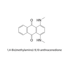 1,4-Bis(methylamino)-9,10-anthracenedione skeletal structure. Anthraquinone compound schematic illustration. Simple diagram, chemical formula.