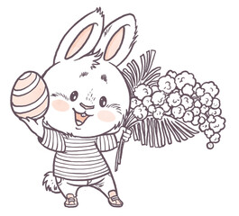 Cute cartoon white bunny holds in his paws a huge bouquet of spring mimosas and an Easter egg line art