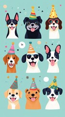 Smiling Cartoon Dogs Are Celebrating With Party Hats On Display