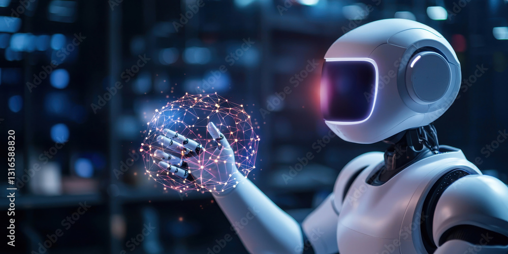 Poster ai powered robotic technology concept. futuristic robot interacting with glowing energy digital sphe