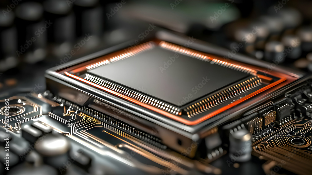 Poster a close up photograph of a circuit board and processor chip