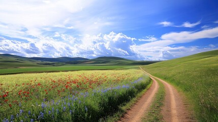 Country Road Through Blossoming Fields