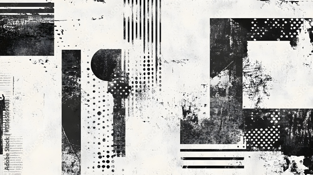Poster striking monochrome minimalist abstract digital art composition featuring a dynamic arrangement of g