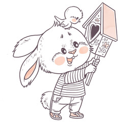 Cute cartoon white bunny with a bird on his head, holding a birdhouse in his paws line art