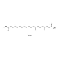 Bixin skeletal structure. Natural Pigment compound schematic illustration. Simple diagram, chemical formula.