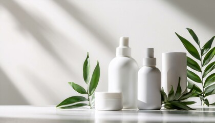 White cosmetic containers with plants, sunlight shadows on white background