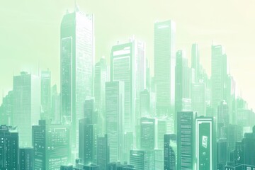 Obraz premium A towering cityscape of various buildings in a green gradient