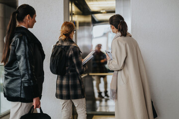 A group of professional women standing near an elevator, appearing focused and prepared.