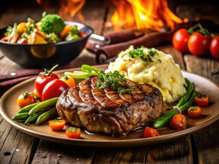 Savor juicy grilled steak, perfectly roasted vegetables, and creamy mashed potatoes.