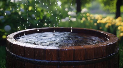 Fototapeta premium Serene water droplets falling into a wooden barrel in lush garden