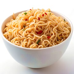 Bowl of Chinese noodles with chili pepper isolated on white background