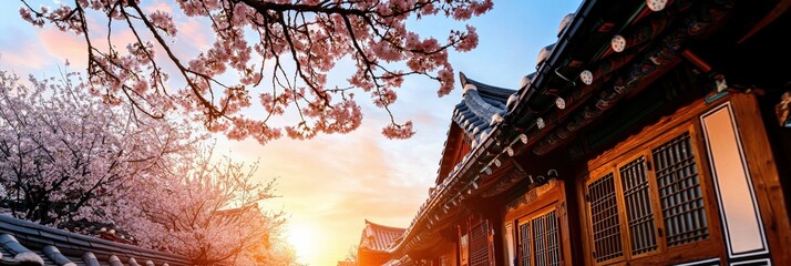 A peaceful image of Seoul's Bukchon Hanok Village, with traditional houses framed by cherry blossoms