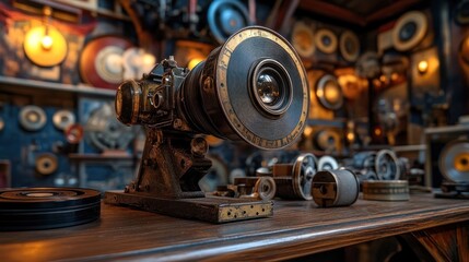 Fototapeta premium Vintage film projector on wooden table, antique shop