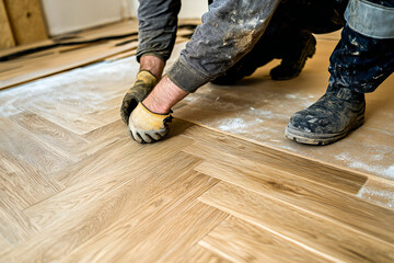 Internal repair of an apartment. A worker is laying tiles or parquet on the floor