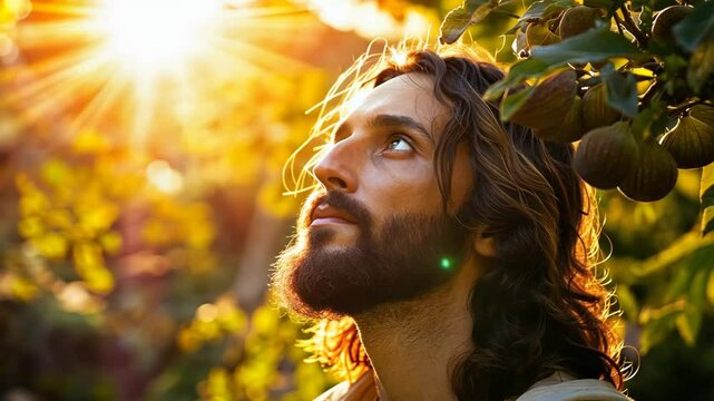 Jesus Christ standing at fruitful fig tree with bright sunlight	