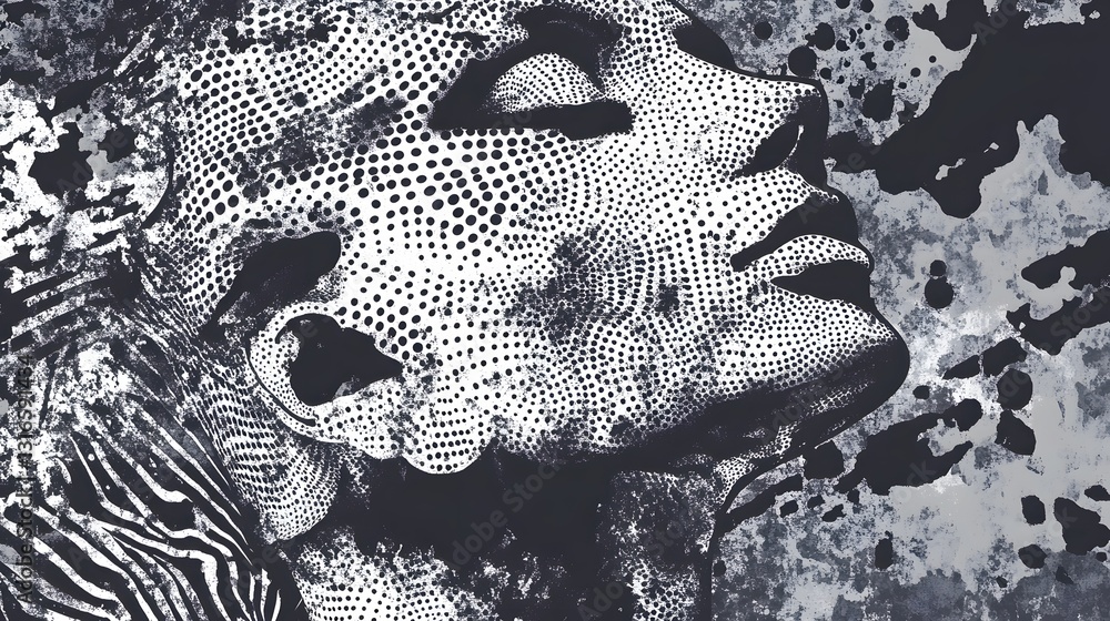 Poster surreal abstract dotted pattern in monochrome tones futuristic digital with geometric shapes and pat