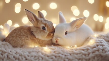 Obraz premium Two adorable bunnies nestled together amidst twinkling fairy lights