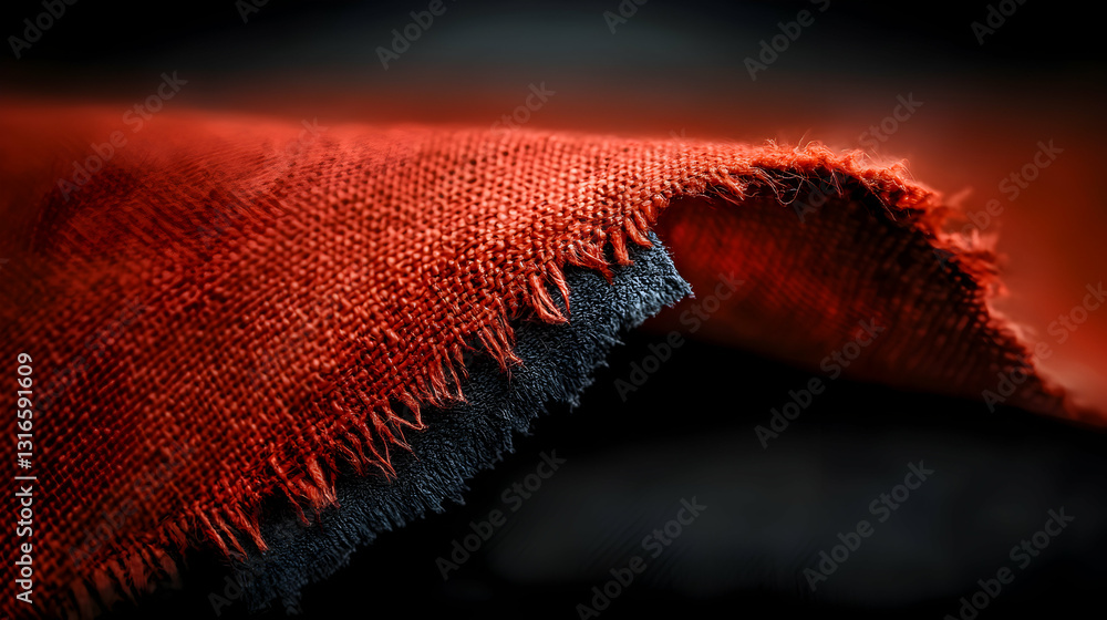 Aufkleber close up view of textured red fabric material and fraying edge