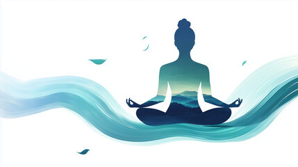 A minimalist silhouette of a meditating woman with a nature landscape inside, featuring green fields and blue mountains. Soft waves complement the serene composition on a white background.