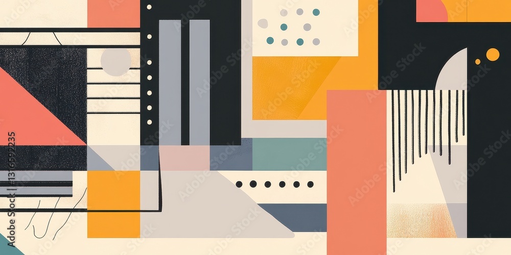 Poster an abstract geometric artwork using various colored shapes and lines