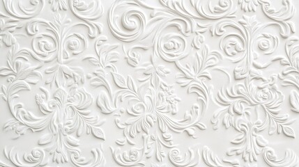 Fototapeta premium Elegant white relief pattern featuring floral and swirling motifs gracefully