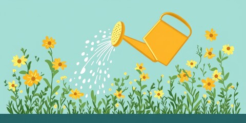 An illustration of a yellow watering can watering yellow flowers