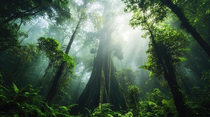 Obraz premium Sunlit rainforest canopy casting ethereal light on verdant jungle floor