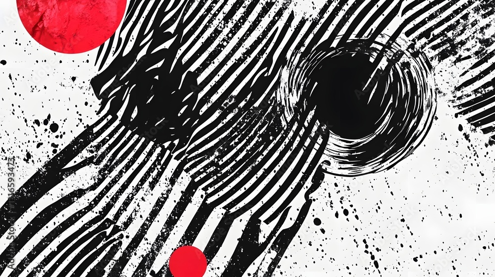Poster This dramatic and captivating abstract image features a bold monochrome composition with splashes of vibrant red and dynamic black shapes  The fluid