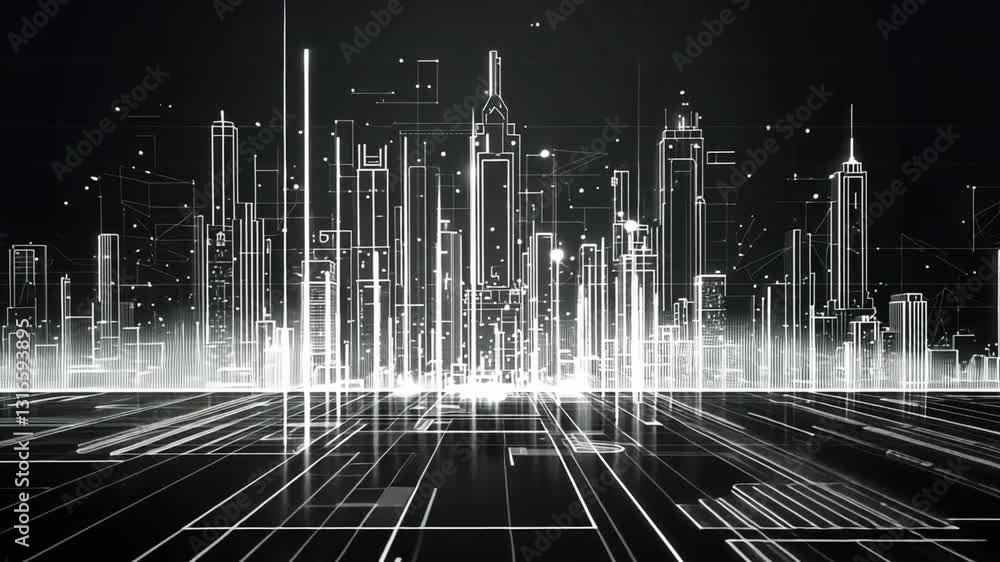 Poster futuristic cityscape with digital lines and geometric patterns representing technology, innovation a