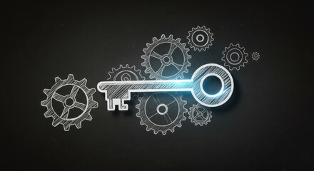 a blackboard background with chalk drawn gears paper cutout key placed beside them digital glow effect on the key business process unlocking