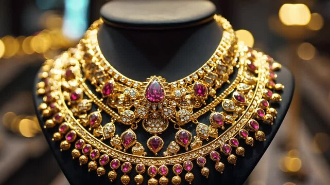 Gold necklace with rubies displayed on mannequin