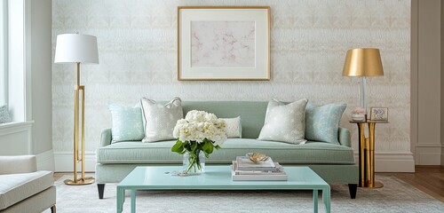 Mint green sofa in a living room with gold accents, white hydrangeas, and patterned wallpaper.