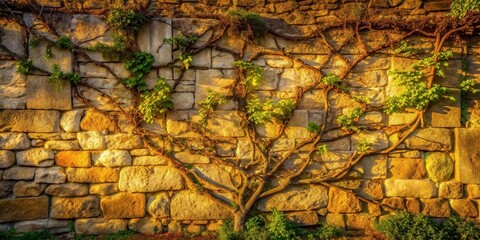 Golden Hour Illumination on a Rustic Stone Wall Covered with Lush, Intertwined Vines
