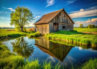 Fototapeta premium Sun-drenched vintage barn, damaged reed roof, rustic charm, spring pasture's vibrant green.