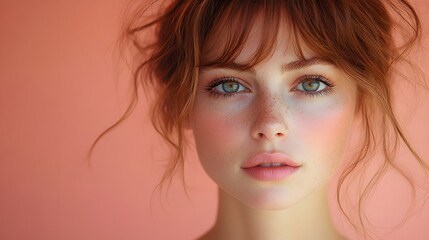 Bright portrait of a person with fair skin wearing soft pink blush and subtle highlighter, natural beauty, fresh look