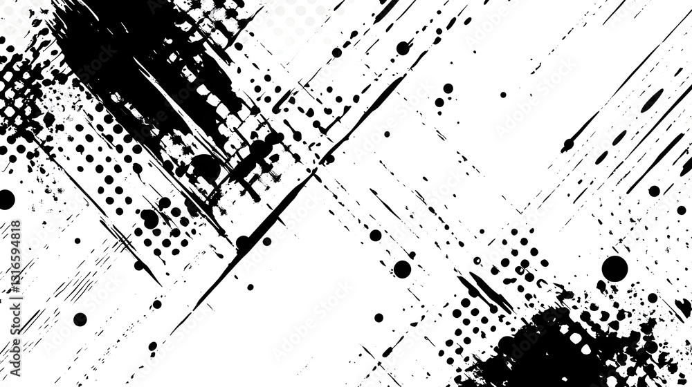 Poster This striking monochromatic image bursts with a dynamic and intense abstract graphic energy  The bold futuristic pattern of geometric shapes lines and splashes creates a captivating sense of movement