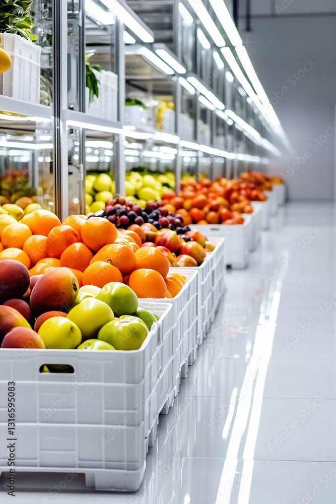 Poster fresh fruit is neatly arranged in minimalist crates within a cold storage room, where bright white l