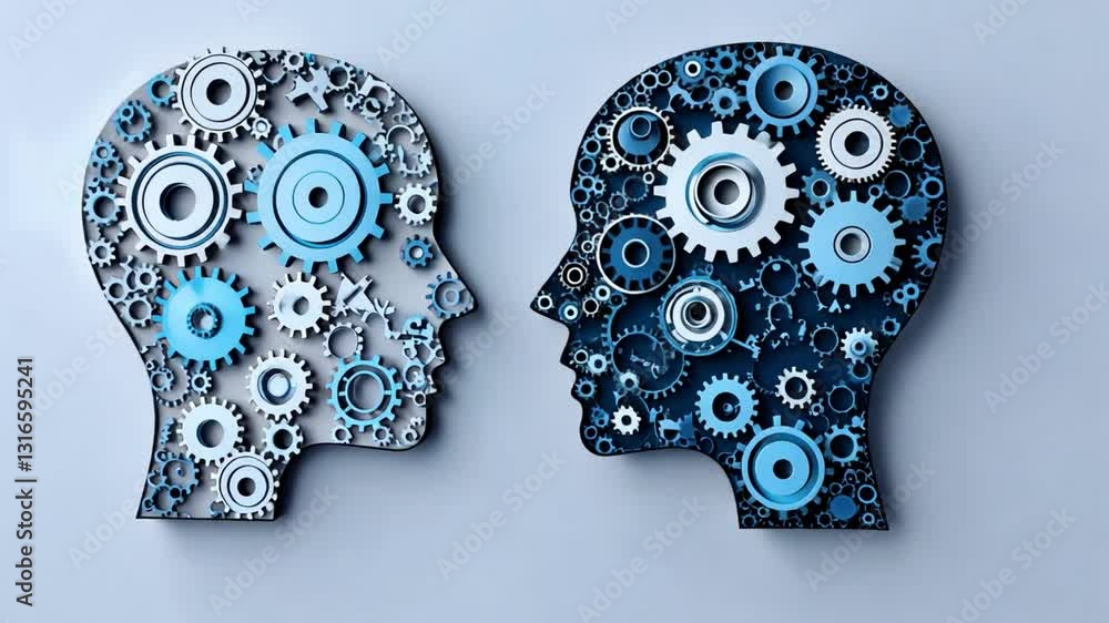 Poster abstract representation of human heads composed of gears and cogs showcasing the interplay between t