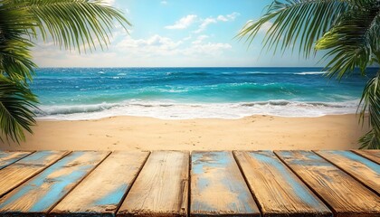 Fototapeta premium A weathered wooden table against a serene tropical beach backdrop, ideal for vacation promotions, beach events, summer gatherings, and product displays.