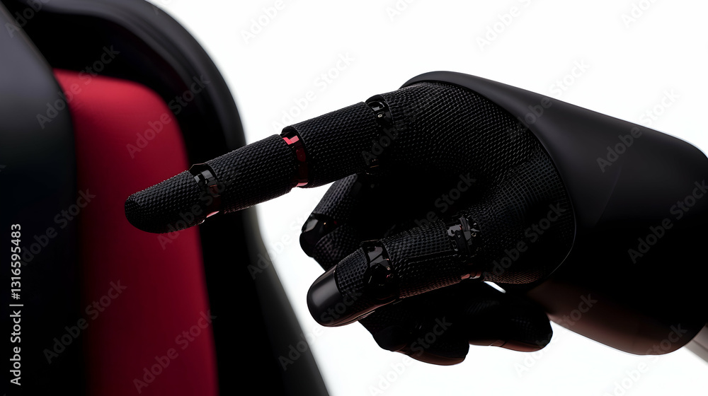 Poster a robotic hand is pointing towards a red and black structure